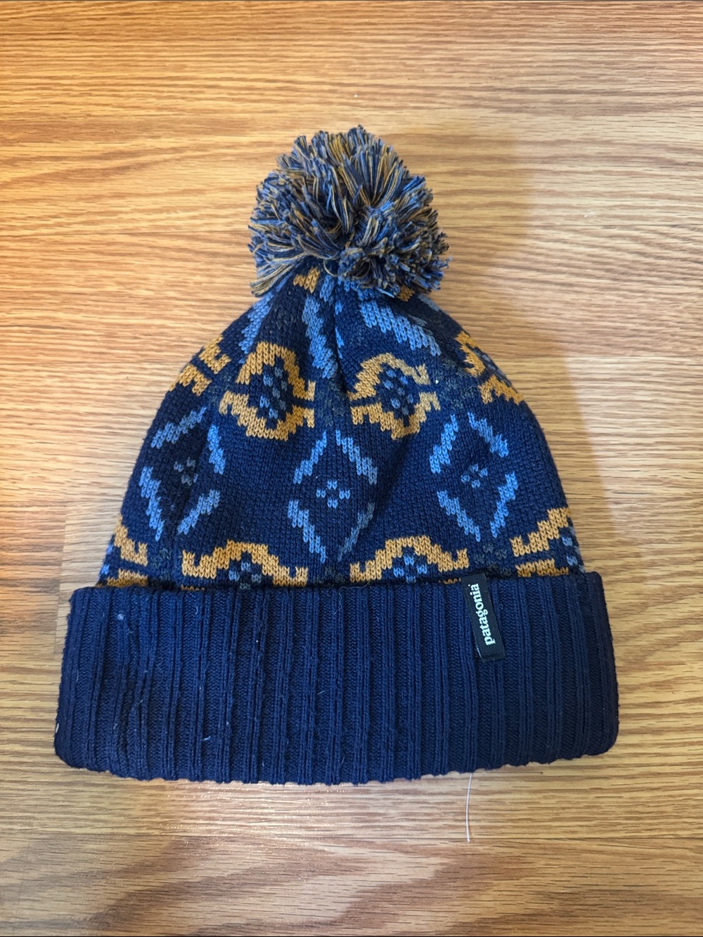 Patagonia toddler Navy & Mustard Patterned Pom Beanie